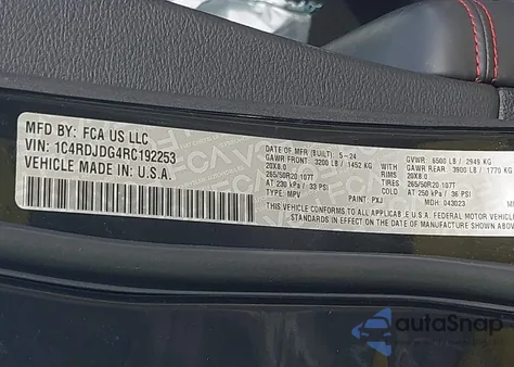 2024 Dodge Durango Gt Plus Awd z USA, uszkodzony, nr VIN 1C4RDJDG4RC192253